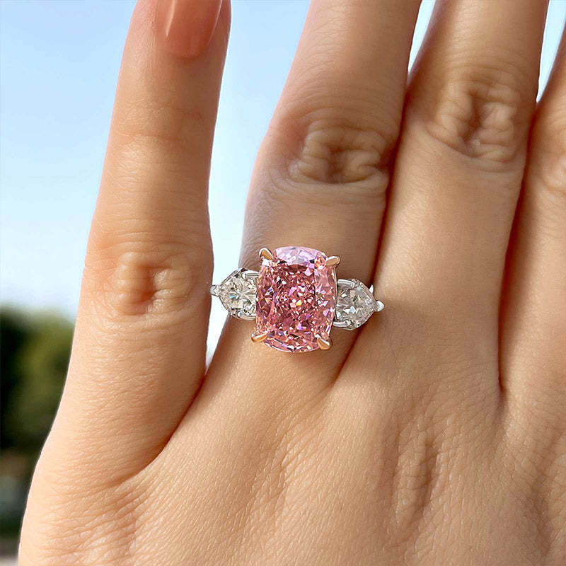 Exquisite Two-Tone Three Stone Cushion Cut Pink Gemstone Engagement Ring