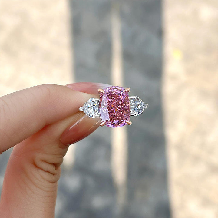 Exquisite Two-Tone Three Stone Cushion Cut Pink Gemstone Engagement Ring