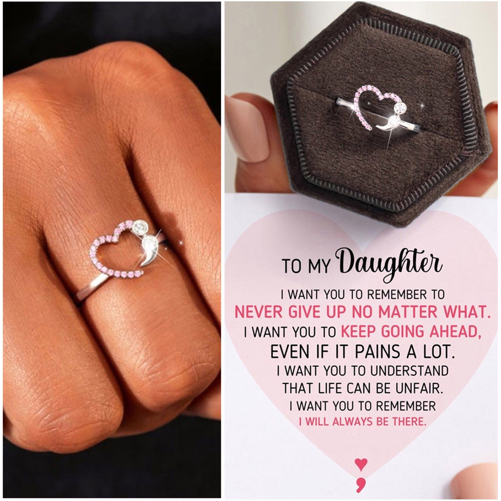 To My Daughter- Never Give Up No Matter What Semicolon Ring