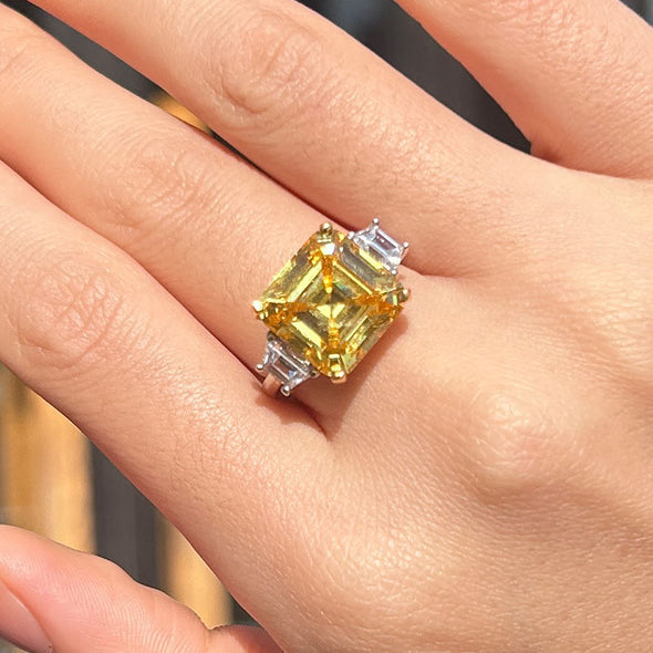 Three Stone Yellow Emerald Cut Sterling Silver Engagement Ring