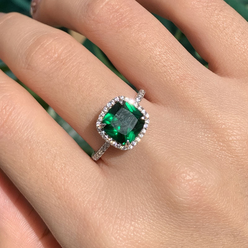 Halo Cushion Cut Emerald Green Sterling Silver Engagement Ring