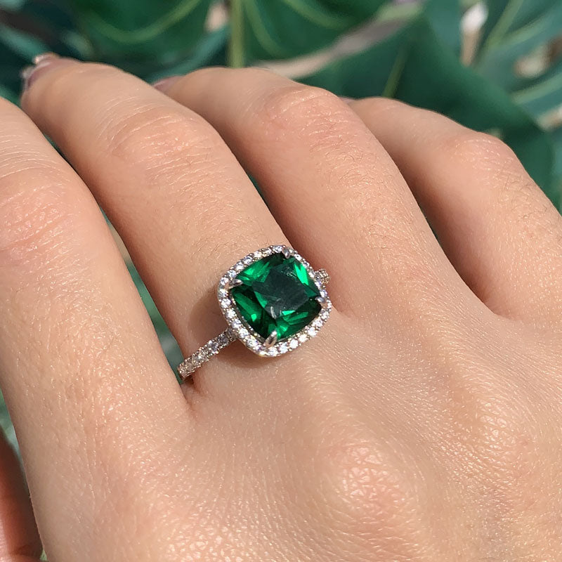 Halo Cushion Cut Emerald Green Sterling Silver Engagement Ring