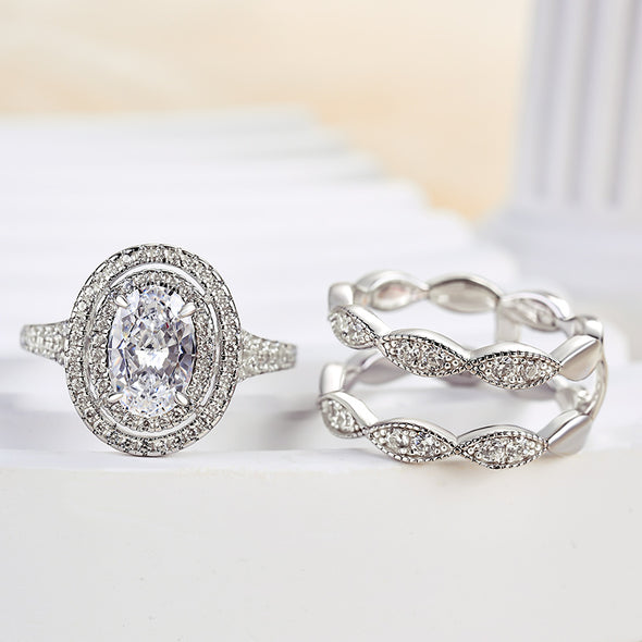 Oval Cut Double Halo Bridal Set with Double Edge Band