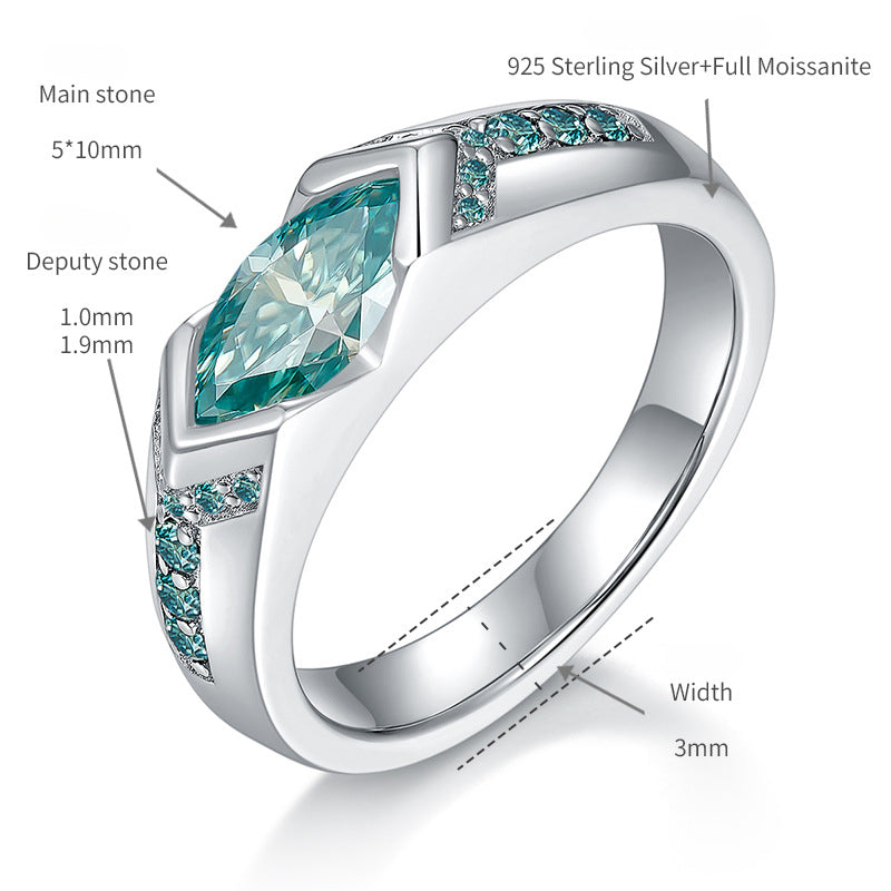 Unisex Marquise Cut 1ct Paraiba Green Moissanite Sterling Silver Ring