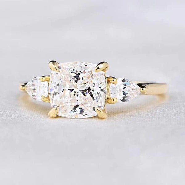 Golden Tone Cushion Cut Three Stone Sterling Silver Engagement Ring