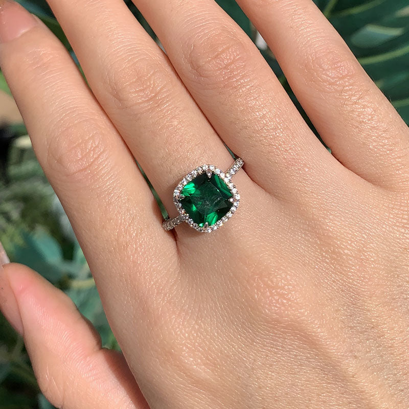 Halo Cushion Cut Emerald Green Sterling Silver Engagement Ring