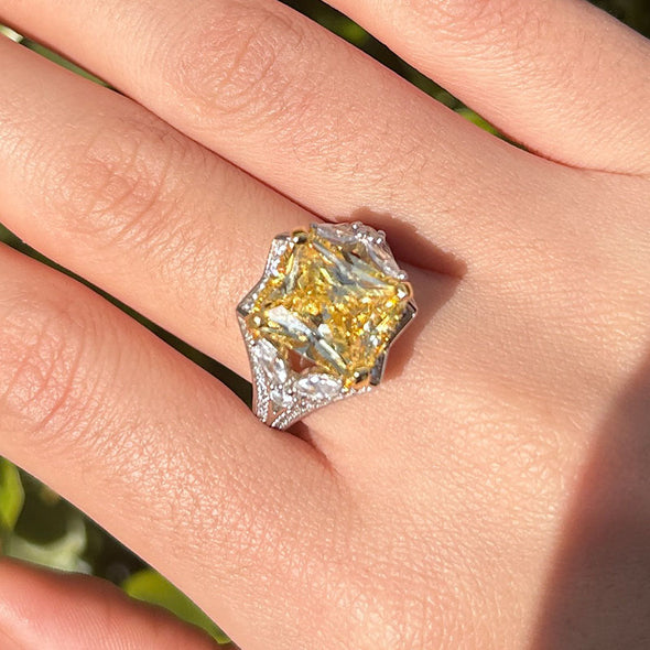 Stunning Yellow Radiant Cut Sterling Silver Engagement Ring