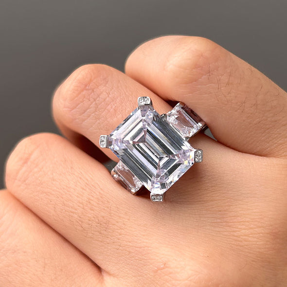 Gorgeous Emerald Cut Sterling Silver Engagement Ring