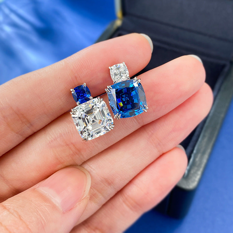 Asscher Cut and Cushion Cut Sapphire Blue Dangle Earrings