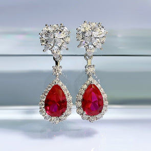 Flower Design Ruby Stone Sterling Silver Drop Earrings