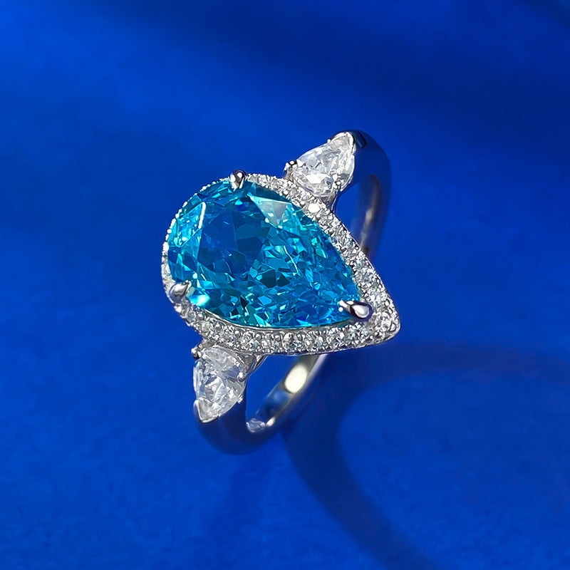 Classy Aquamarine Pear Cut Engagement Ring with Trilliant Shoulders