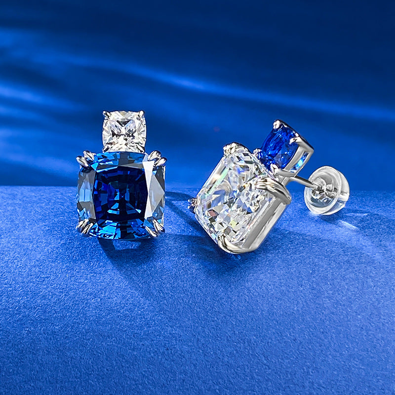 Asscher Cut and Cushion Cut Sapphire Blue Dangle Earrings