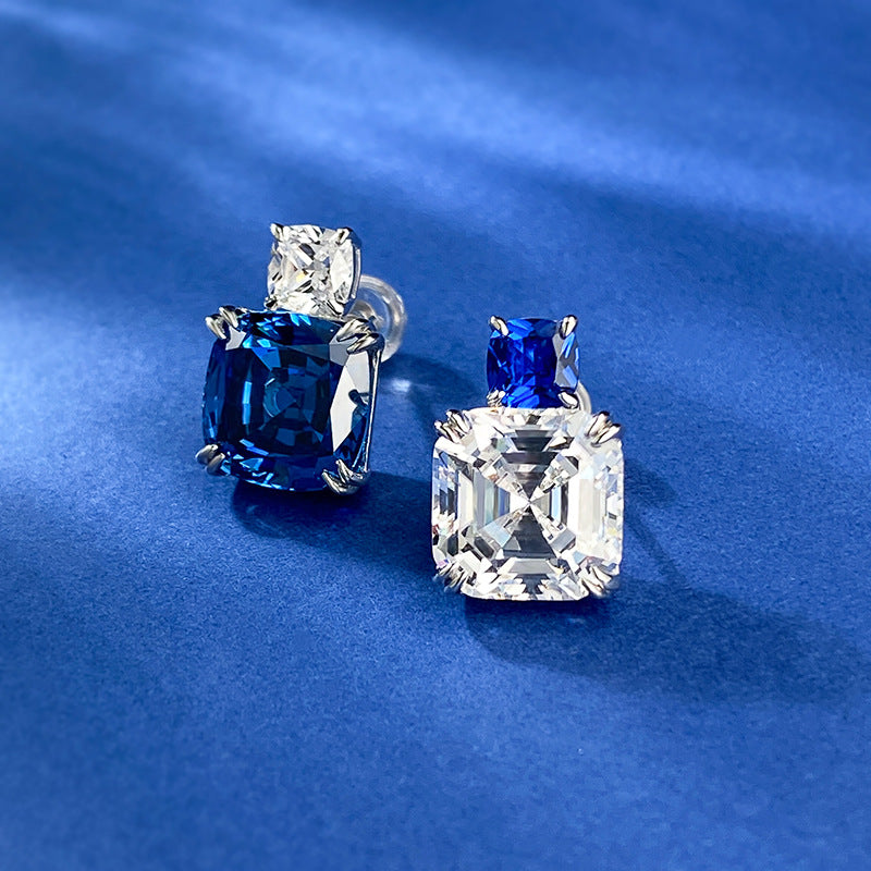 Asscher Cut and Cushion Cut Sapphire Blue Dangle Earrings