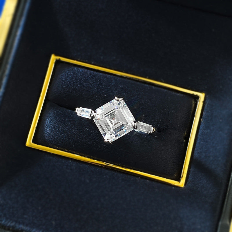 Exquisite Asscher Cut Solitaire Engagement Ring in Sterling Silver