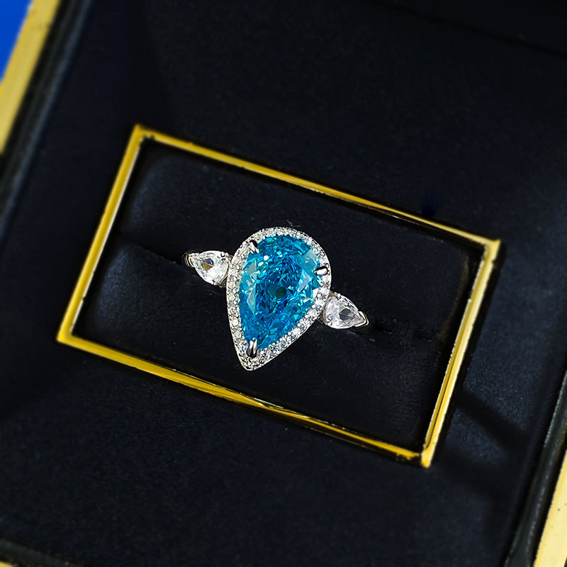 Classy Aquamarine Pear Cut Engagement Ring with Trilliant Shoulders