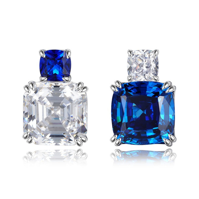 Asscher Cut and Cushion Cut Sapphire Blue Dangle Earrings