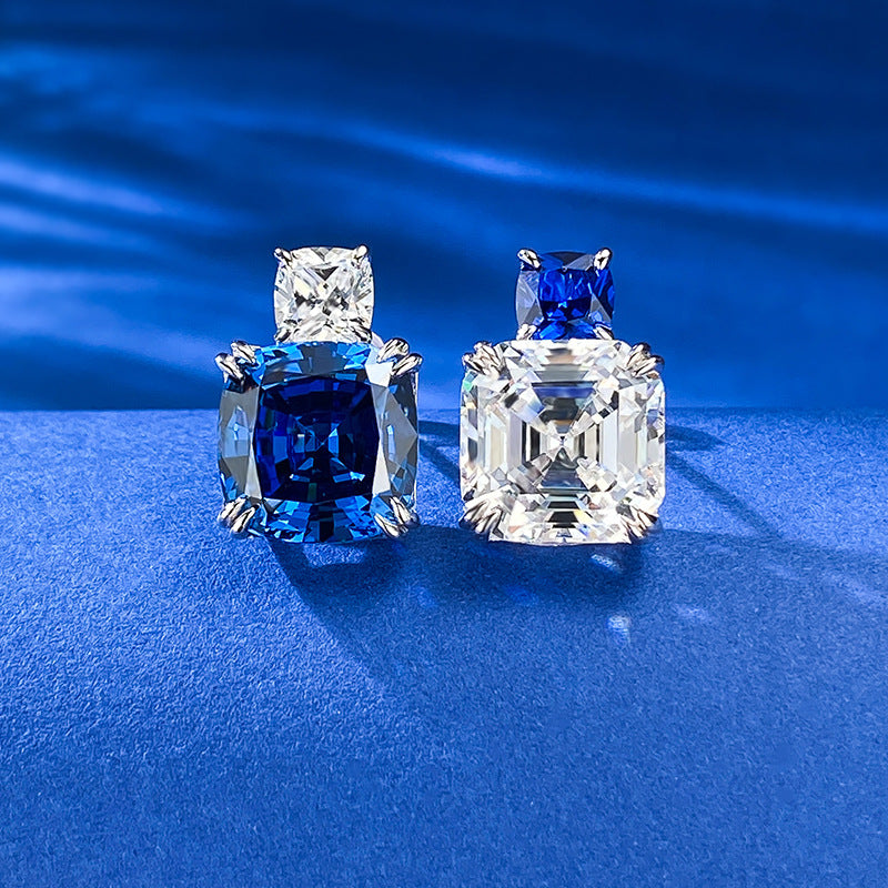 Asscher Cut and Cushion Cut Sapphire Blue Dangle Earrings