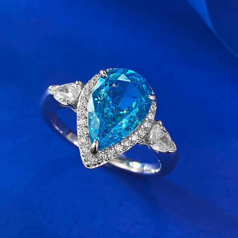 Classy Aquamarine Pear Cut Engagement Ring with Trilliant Shoulders