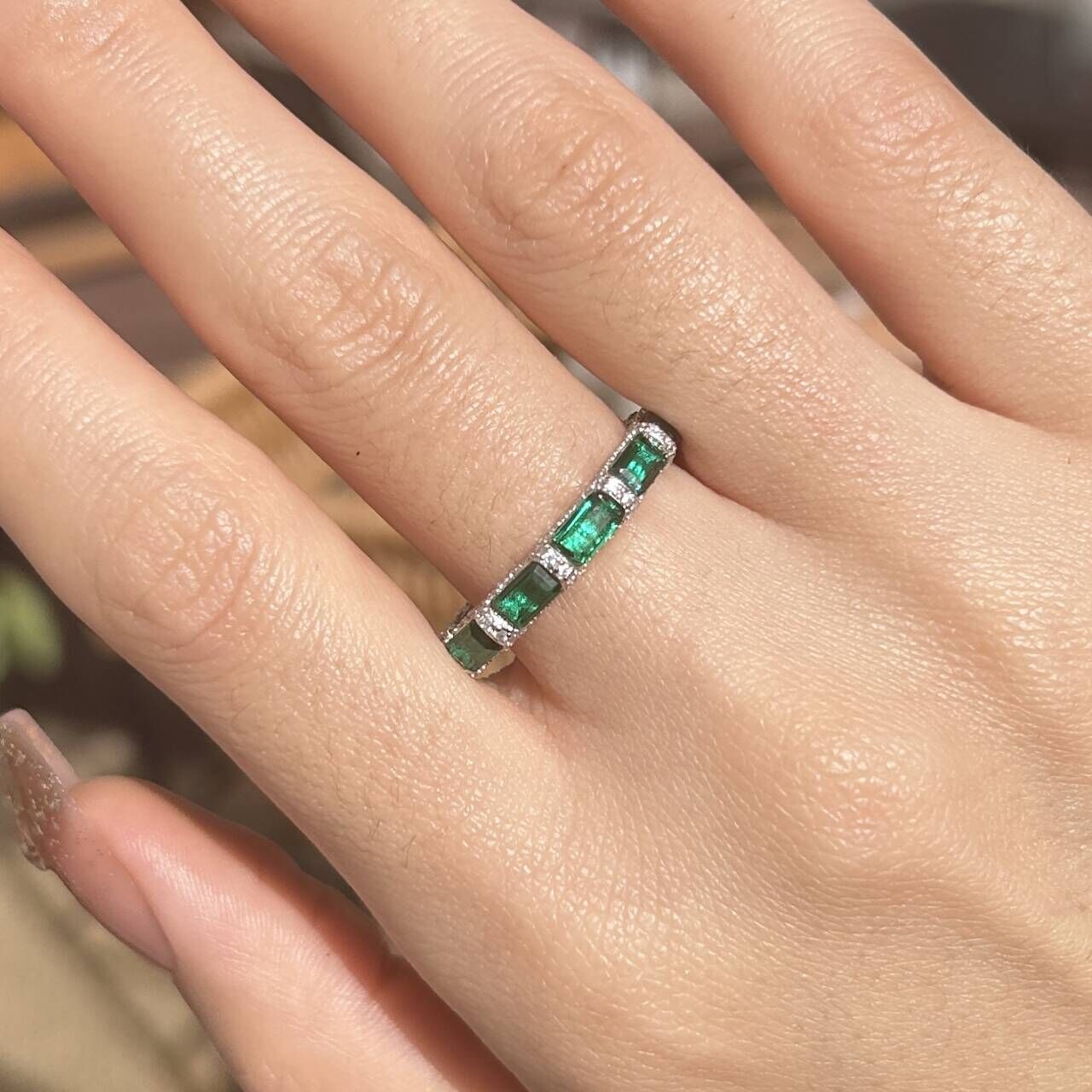 Emerald Cut Eternity Green Wedding Band In Sterling Silver