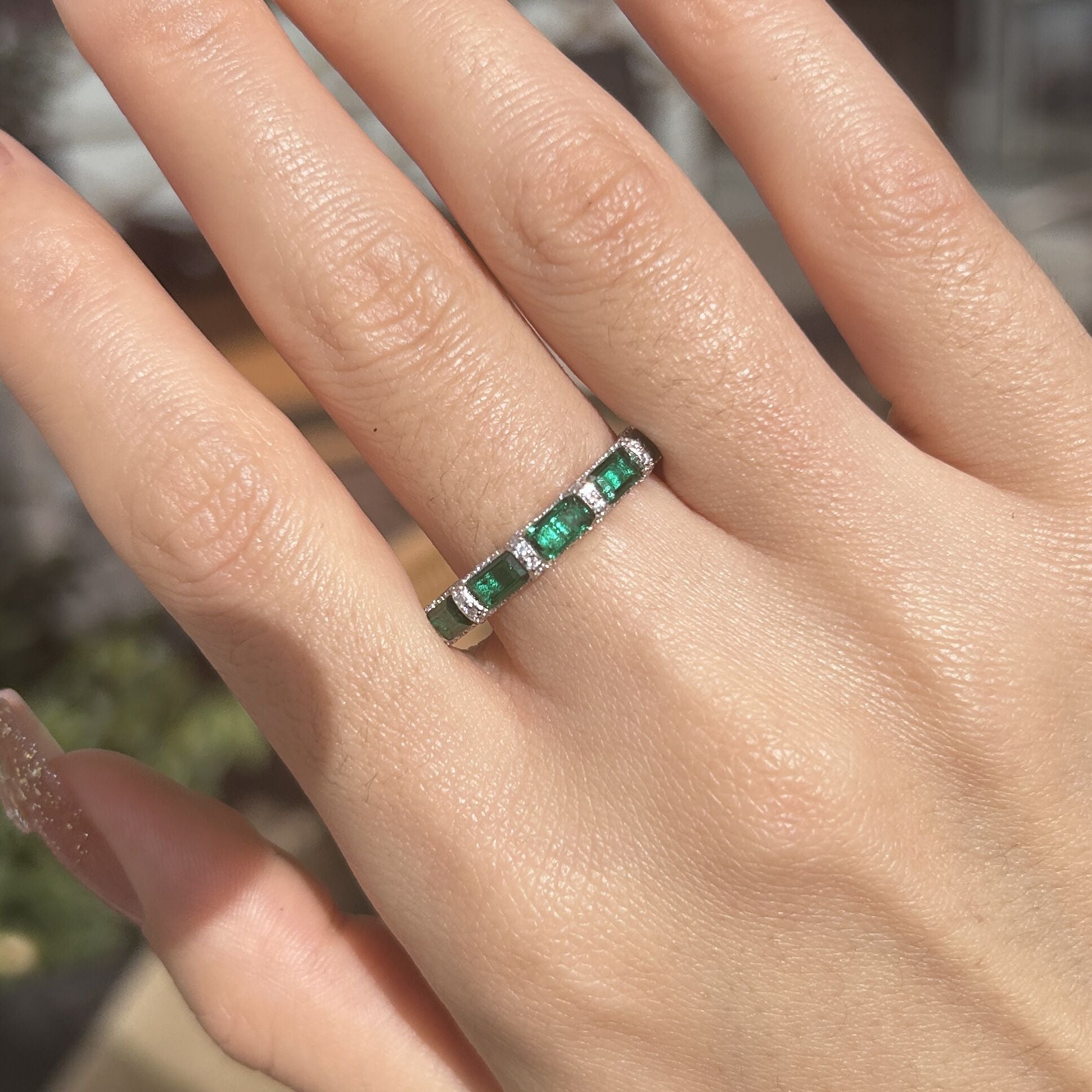 Emerald Cut Eternity Green Wedding Band In Sterling Silver