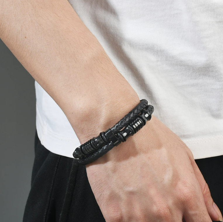 Double Row Leather Men's Bracelet