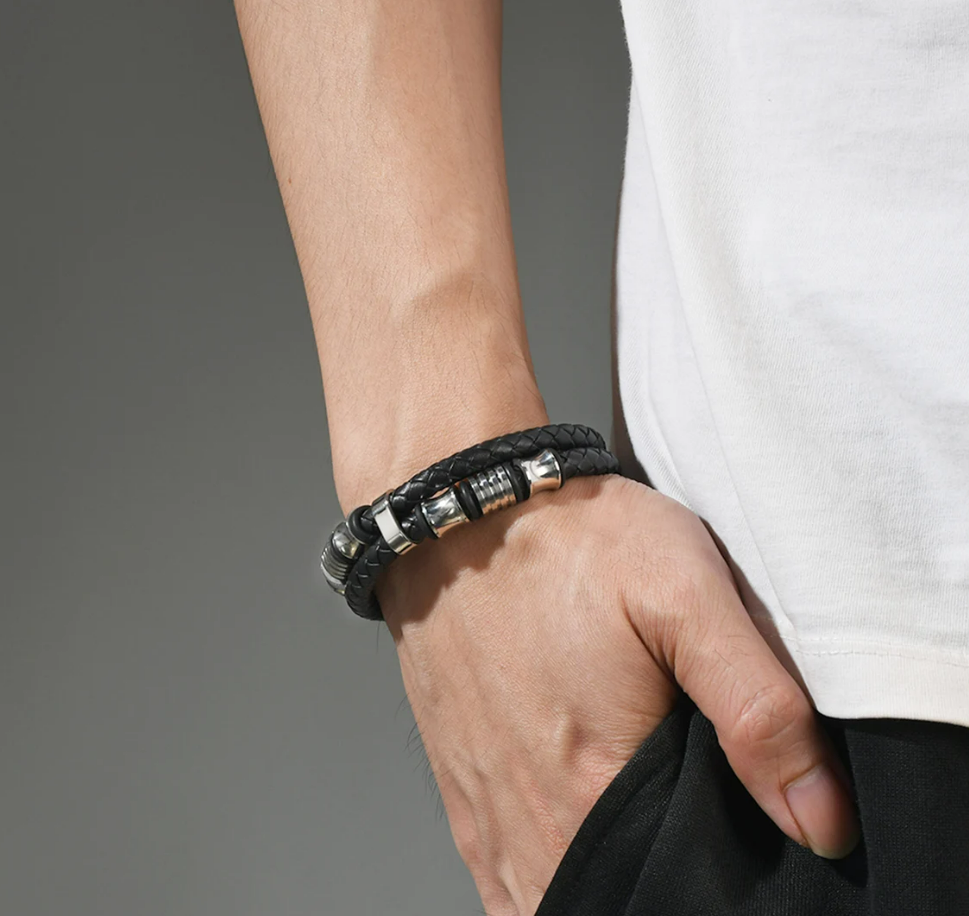 Double Row Leather Men's Bracelet