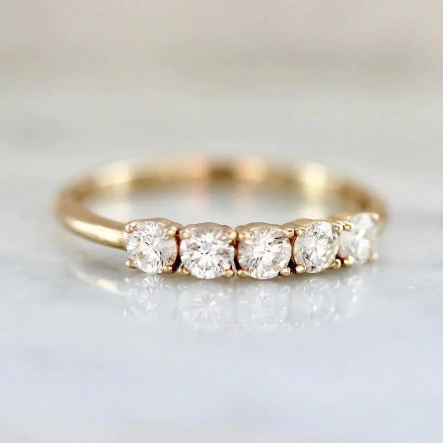 Round Five Stone Diamond Delicate Solitaire Accent Half Eternity Wedding Band