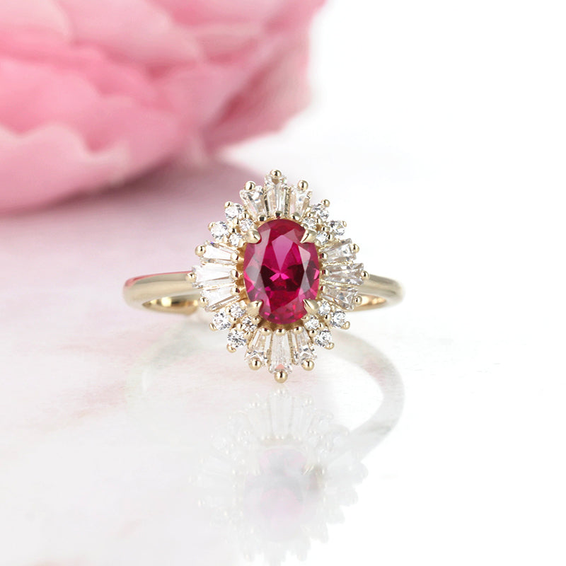 Vintage Golden Tone Cluster Ruby Oval Cut Sterling Silver Engagement Ring