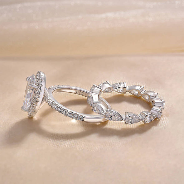 Halo Pear Cut Eternity 925 Sterling Silver Bridal Set