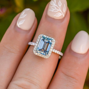 Halo Emerald Cut Light Aquamarine Blue Sterling Silver Engagement Ring