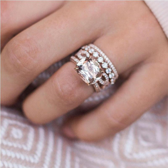 4 PCS Champagne Cushion Cut Rose Gold Tone Sterling Silver Bridal Set