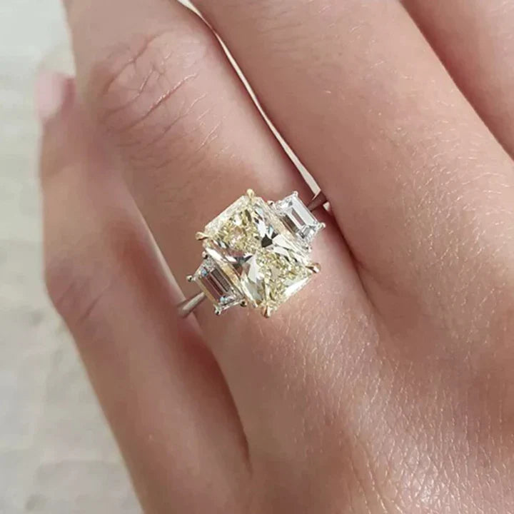 Two Tone Radiant Cut Three Stone Engagement Ring