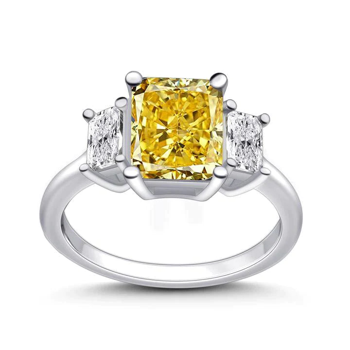 Two Tone Radiant Cut Three Stone Engagement Ring