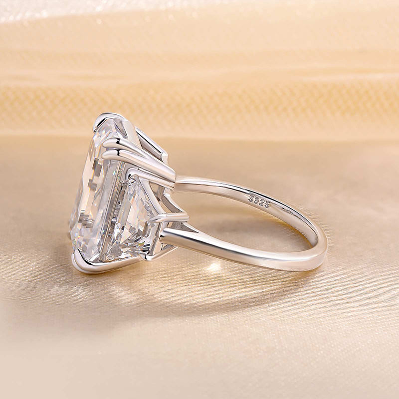 Stunning Emerald Cut Three Stone Sterling Silver Engagement Ring