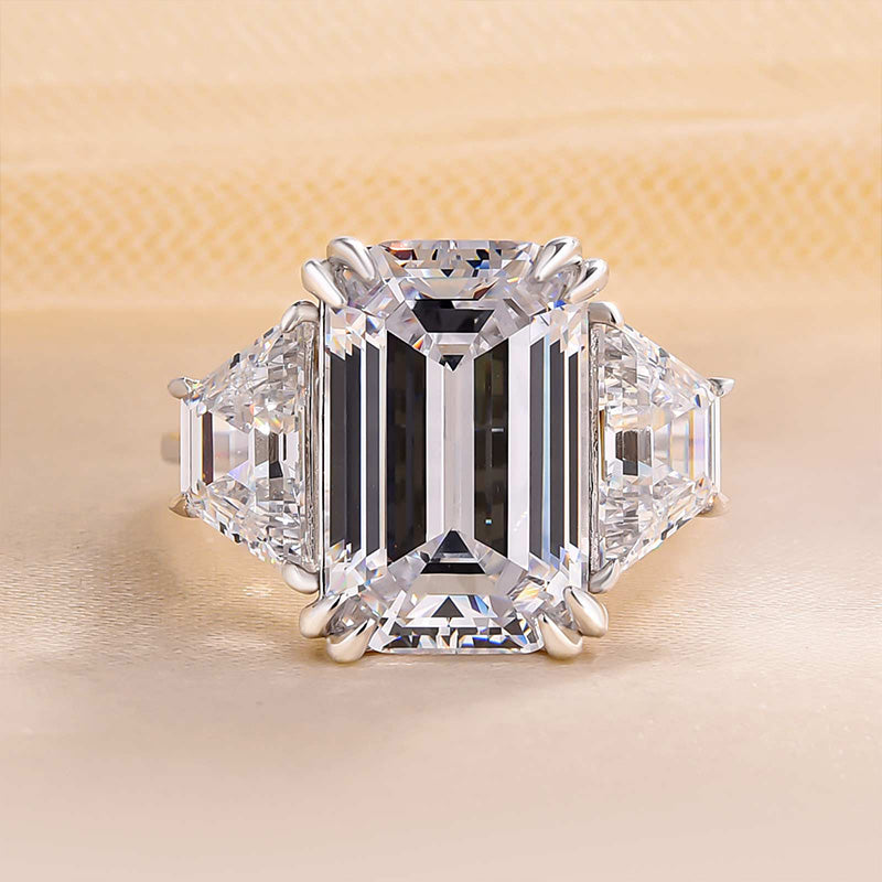 Stunning Emerald Cut Three Stone Sterling Silver Engagement Ring