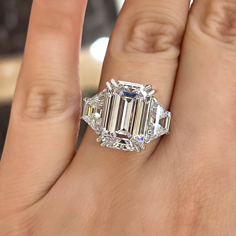 Stunning Emerald Cut Three Stone Sterling Silver Engagement Ring