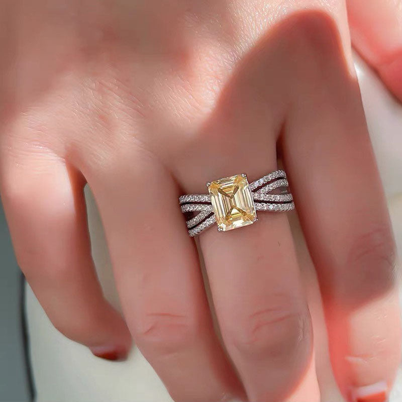 3 Carat Citrine Emerald Cut Rectangle Engagement Ring In Sterling Silver