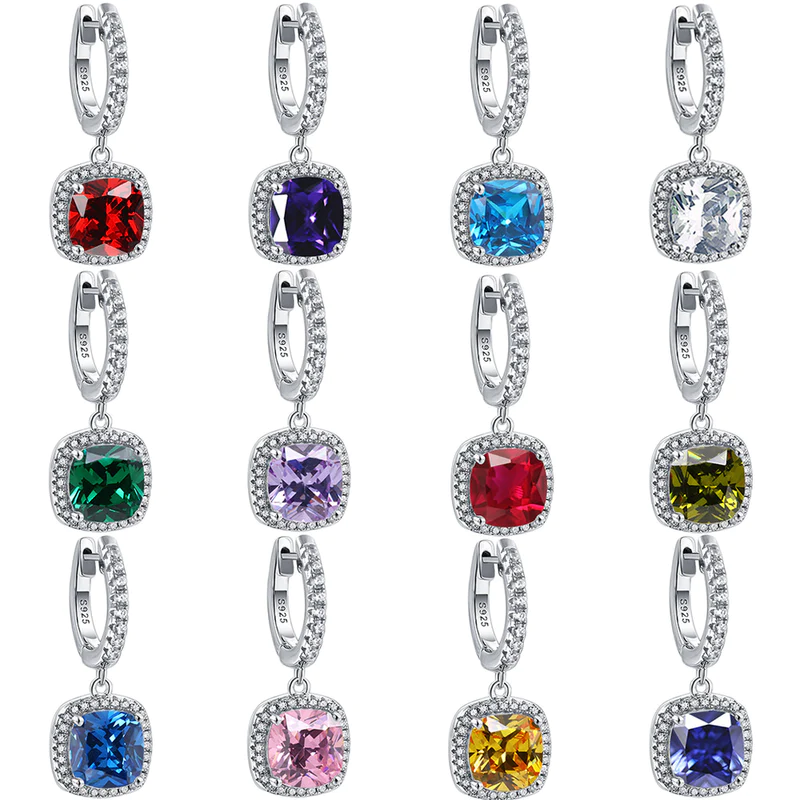 Birthstone Cushion Cut Halo Sterling Silver Drop Earrings