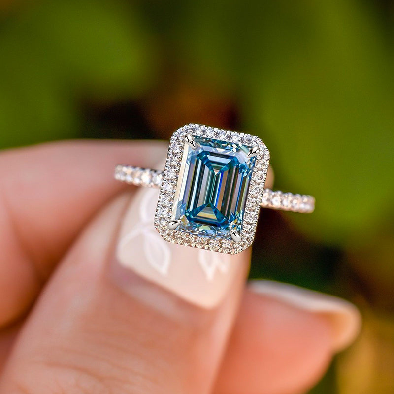 Halo Emerald Cut Light Aquamarine Blue Sterling Silver Engagement Ring