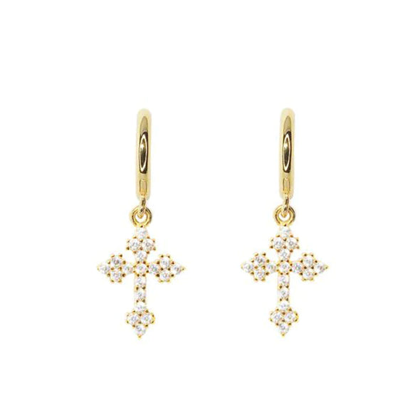 Golden Tone Faith Cross Design Drop Earrings In Sterling Silver