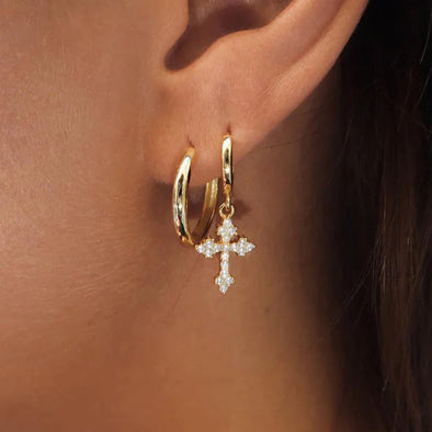 Golden Tone Faith Cross Design Drop Earrings In Sterling Silver