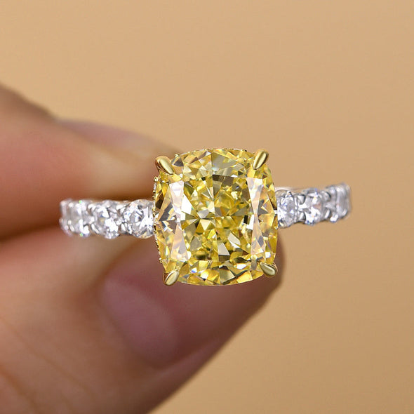 Two-tone Cushion Cut Yellow Gemstone Sterling Silver Engagement Ring