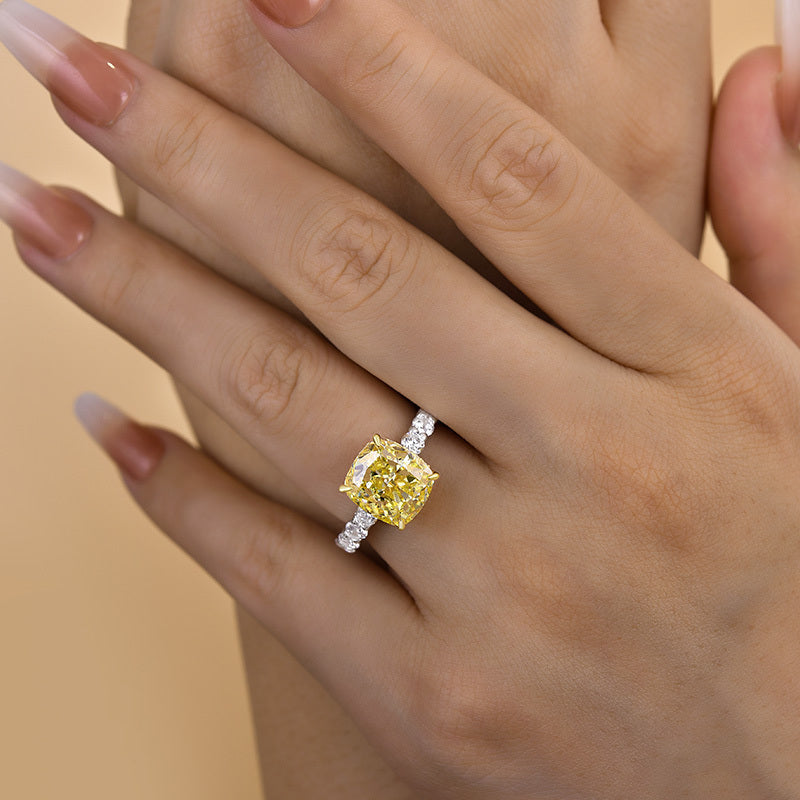 Two-tone Cushion Cut Yellow Gemstone Sterling Silver Engagement Ring