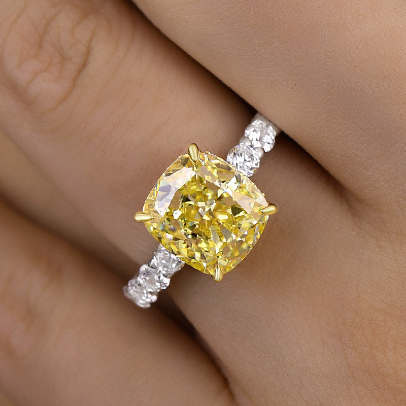 Two-tone Cushion Cut Yellow Gemstone Sterling Silver Engagement Ring