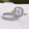 3-Piece Halo Cushion Cut Sterling Silver Bridal Set with Half-Eternity Bands