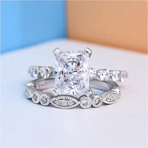 Radiant Cut Sterling Silver Wedding Bridal Set For Her