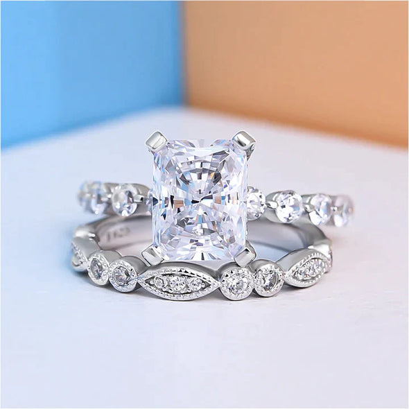 Radiant Cut Sterling Silver Wedding Bridal Set For Her