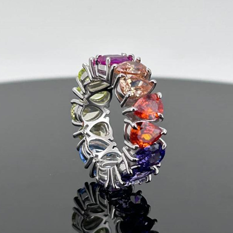 7.5ct Pear Cut Multi Color Rainbow Color Sterling Silver Eternity Ring