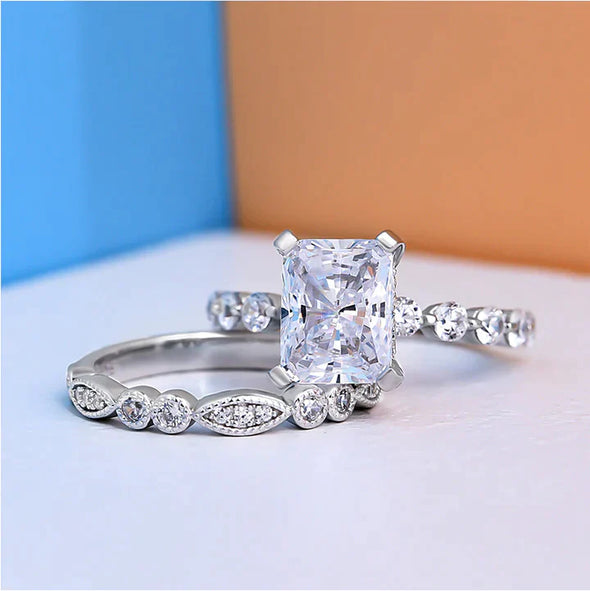 Radiant Cut Sterling Silver Wedding Bridal Set For Her