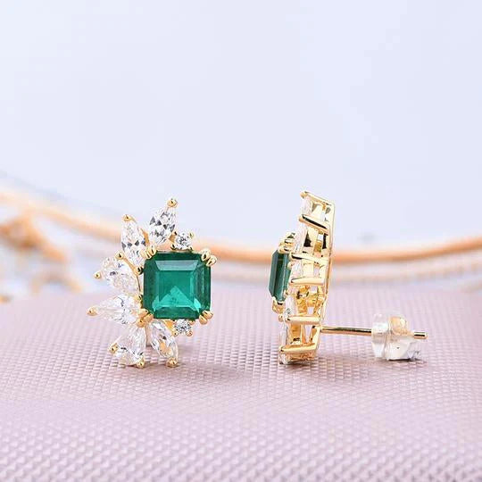 Flower Design Princess Cut Emerald Green Sterling Silver Stud Earrings